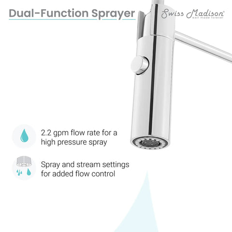 Chalet Single-Handle Pull-Down Kitchen Faucet in Chrome with dual-function sprayer and 2.2 gpm flow rate.