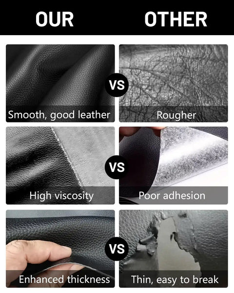 Comparison of leather textures showing Heavy Duty Self Adhesive Leather Repair Tape Kit For Beat Up Furniture Sofa And Car Seats.