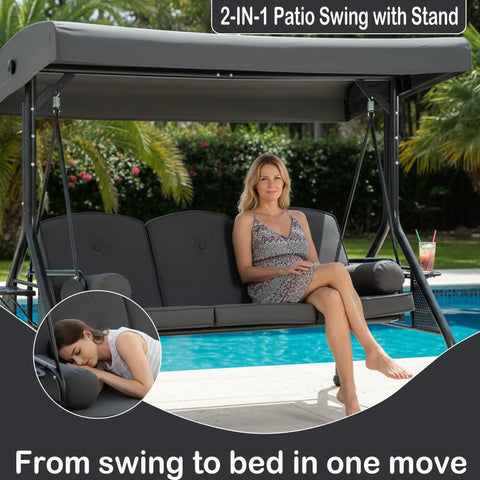 Three Seat Patio Swing With Canopy And Cup Holders, Heavy Duty Steel Frame, Weather Resistant Outdoor Swing Bench for relaxing by a pool
