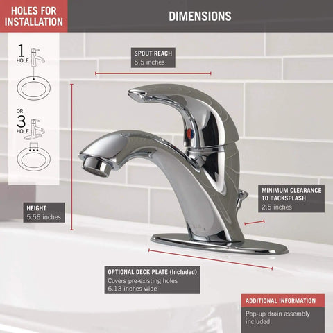 Classic Single Hole Chrome Bathroom Faucet With One Handle, Fits 1 Hole Or 3 Hole Sinks, Includes Drain Assembly, Deck Plate For 3 Hole Install