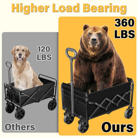Collapsible Wagon With Wheels Foldable Cart 360 Lbs Capacity showing comparison with a bear and dog in foldable carts
