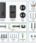 Keyless Entry Door Lock With Smart Knob Set And App Control Generating One Hundred Secure Pin Codes For Family Or Guest Access No Hassle Diy Install And Rock Solid Weather Proof Performance parts list including deadbolts, door knobs, screws, and tools