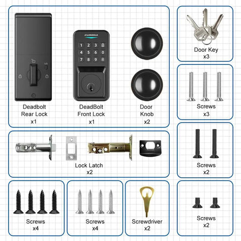 Keyless Entry Door Lock With Smart Knob Set And App Control Generating One Hundred Secure Pin Codes For Family Or Guest Access No Hassle Diy Install And Rock Solid Weather Proof Performance parts list including deadbolts, door knobs, screws, and tools