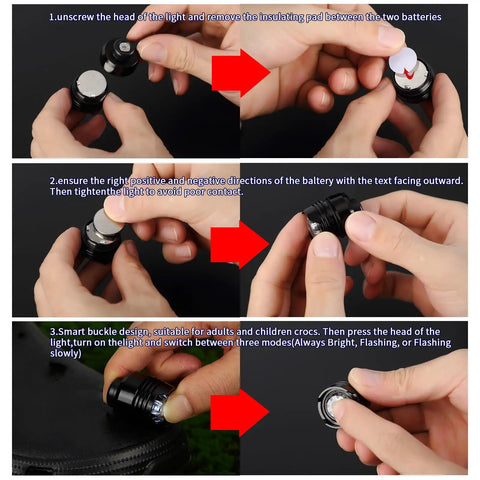 Hands demonstrating battery insertion for LED Clog Lights 2 Pack For Crocs Shoes Ultra Bright Night Run And Dog Walk Camping Gear Hands Free
