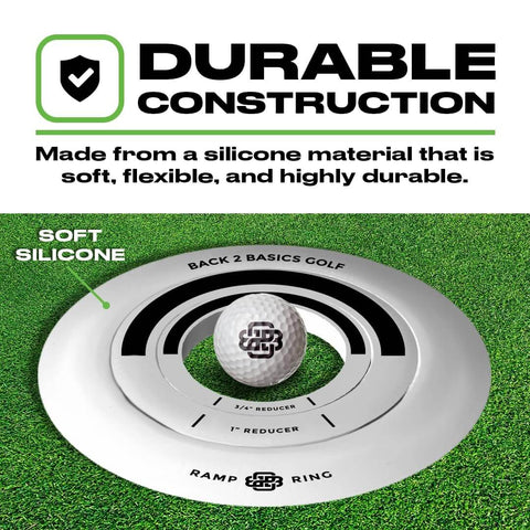 Golf Putting Rings Three Piece Set For Indoor And Outdoor Practice With Ramp Ring And Hole Reducers shown on grass surface