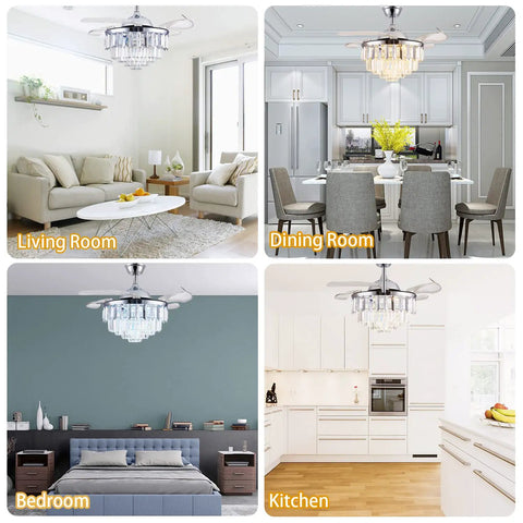36 Inch Retractable Fandelier Ceiling Fan With Remote And Dimmable Light in living room, dining, bedroom, and kitchen settings.