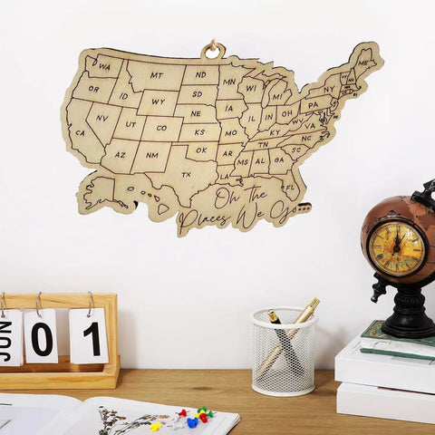 Wooden USA Map Wall Decor For Travel Buffs With All 50 State Abbreviations Engraved Ornament above desk with globe
