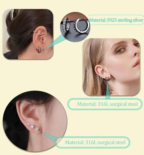 Matte Black Earring Set For Piercings Includes 7 Flat Back Stud Earrings And 4 Small Hoop Earrings In Titanium And Surgical Steel Black CZ Pearl Ball Opal Accents Lightweight Dope Dainty Jewelry For Cartilage Helix And Multiple Piercings, 316L surgical steel hoops and stud earrings
