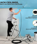 Person using Pro Grade Electric Airless Paint Sprayer 1010W Motor 3000 PSI on a ladder to paint a wall with an extension pole.