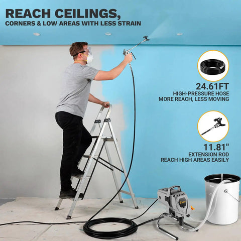 Person using Pro Grade Electric Airless Paint Sprayer 1010W Motor 3000 PSI on a ladder to paint a wall with an extension pole.