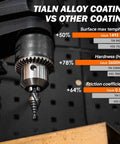 Close-up of M35 Cobalt Spiral Flute Step Drill Bit in drill, showcasing TiAlN coating performance compared to other coatings.