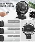 Portable USB Clip On Fan With 12000mAh Battery And 65 Hours Runtime, LED Lights, Hook And Clamp, side view with remote features