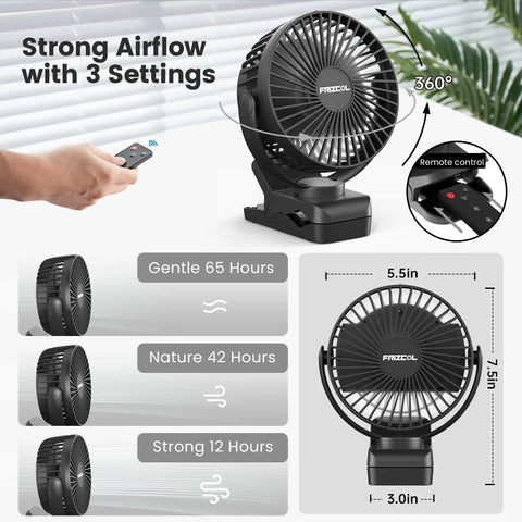 Portable USB Clip On Fan With 12000mAh Battery And 65 Hours Runtime, LED Lights, Hook And Clamp, side view with remote features