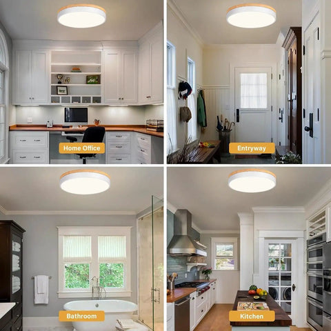 Wooden Flush Mount Ceiling Light With Dimmable LED 5CCT 2700K 6000K Round 16 Inch Ceiling Fixture For Kitchen Living Room Dining Room And Bedroom Modern Farmhouse Style Easy Install And Brilliance Control Lit