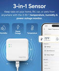 Cellular Temperature Monitor With 4G LTE And Humidity Sensor Remote Power Failure Alarm Unlimited Alerts For RV Vacation Home Pet Safety Or Server Room 2 Years Of Service Included No Fees Or WiFi Needed with smartphone app interface.