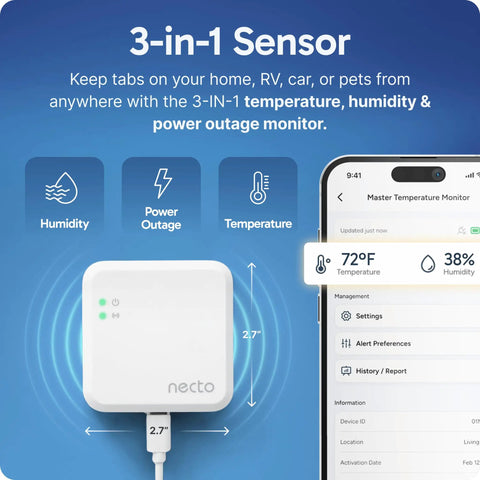 Cellular Temperature Monitor With 4G LTE And Humidity Sensor Remote Power Failure Alarm Unlimited Alerts For RV Vacation Home Pet Safety Or Server Room 2 Years Of Service Included No Fees Or WiFi Needed with smartphone app interface.