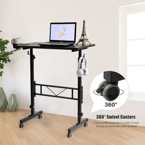 Rollin Standing Desk With Adjustable Height On Wheels For Treadmill Sessions Portable Sit Or Stand Computer Table For Walking Pad 31 Inch Surface Black with 360-degree swivel casters shown in home setting.
