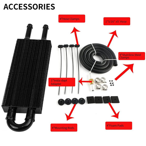 Universal 2 Pass Tube And Fin Transmission Cooler Kit 5/16 Inch Aluminum Black with hoses, clamps, and mounting accessories