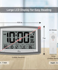 Atomic Wall Clock With Outdoor And Indoor Temperature, 12.5 Inch Large Digital Display, shown with dimensions and sensor.