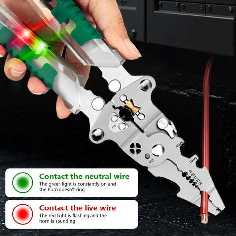 All In One 18 In 1 Foldable Wire Stripper With Voltage Detector demonstrating wire contact with lights