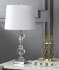 Crystal Column Table Lamp 26 Inches, Glam Transitional Chrome Metal Base With White Linen Shade, LED Bulb Included For Living Room Bedroom Nightstand, ETL Listed Safety