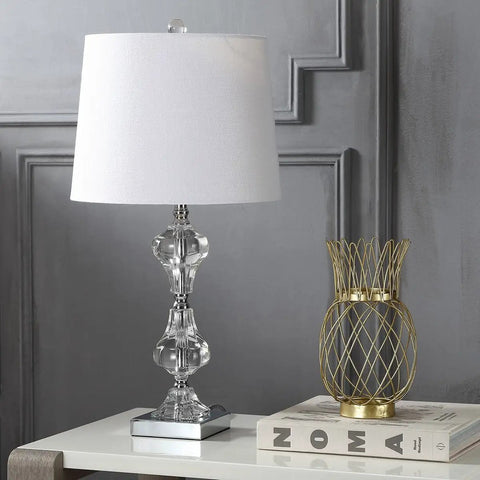 Crystal Column Table Lamp 26 Inches, Glam Transitional Chrome Metal Base With White Linen Shade, LED Bulb Included For Living Room Bedroom Nightstand, ETL Listed Safety