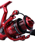 Red lightweight spinning reel with 13 plus 1BB for saltwater and freshwater use, featuring CNC aluminum spool and graphite frame.