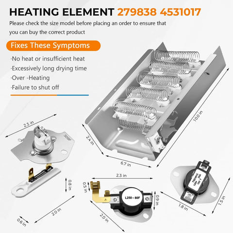 Upgraded 279838 Dryer Heating Element Kit With W10724237 Thermostat WP3387134 Cycling Thermostat visible components