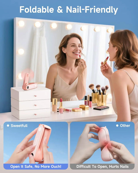 Woman using Portable Handheld Mini Fan With LED Display among makeup on vanity