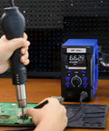 Pro Grade Hot Air Rework Station with Detachable Soldering Gun and Digital LED Display in use on circuit board