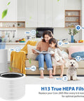 Living room with mom, child, dog, air purifier, and Replacement Filter Pack For 200S And 200S-P Smart WiFi Air Purifiers visible.