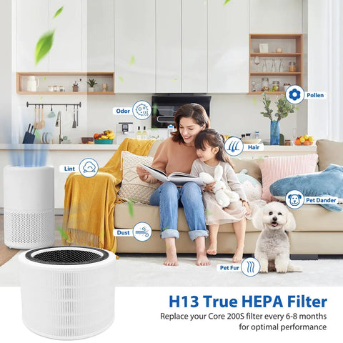 Living room with mom, child, dog, air purifier, and Replacement Filter Pack For 200S And 200S-P Smart WiFi Air Purifiers visible.