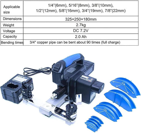 Cordless Electric Pipe Bender for Copper and Aluminum Tubes with detachable molds and battery for 90 degree bends.