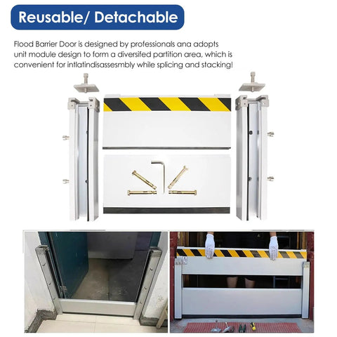 Heavy Duty Aluminum Garage Door Flood Barrier Detachable Water Prevention Shield installation view and components.