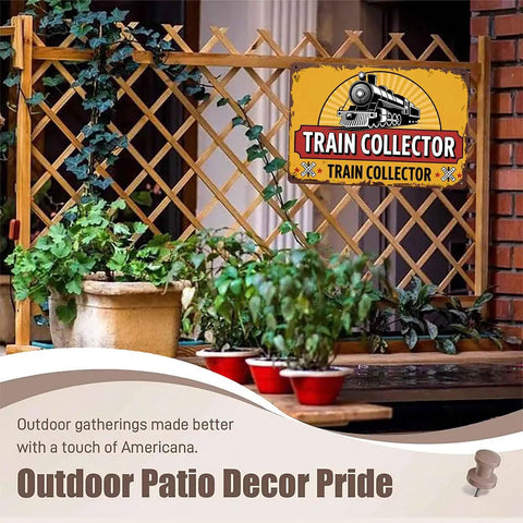 Steam Locomotive Metal Sign 8x12 Inches Aluminum Wall Decor with train collector theme on outdoor patio with plants.