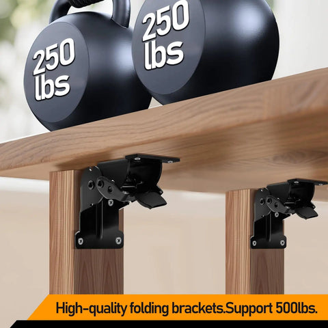 Heavy Duty Folding Brackets 4 Pack Locking Hinge Mounting Screws support 500 lbs with kettlebells on top of a wooden table.