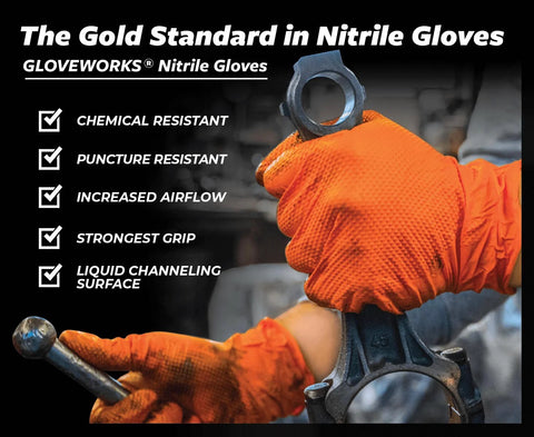 Orange Nitrile 8 Mil Heavy Duty Gloves With Raised Diamond Grip For Mechanics XL used in automotive parts handling