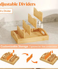Bamboo Lid Organizer For Inside Cabinet With 4 Adjustable Inserts And 5 Sections, displayed on a countertop with dividers shown.