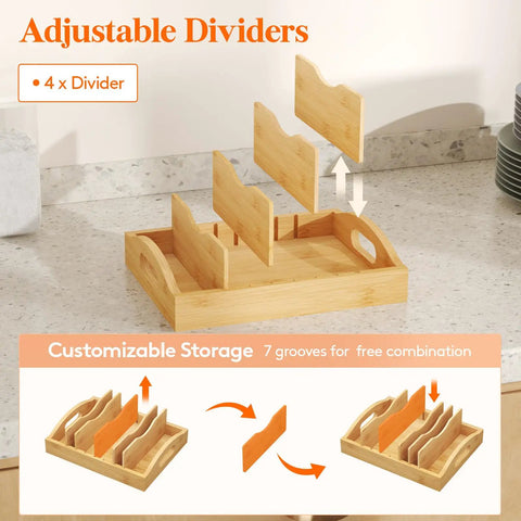 Bamboo Lid Organizer For Inside Cabinet With 4 Adjustable Inserts And 5 Sections, displayed on a countertop with dividers shown.