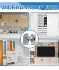 Self Closing Stainless Steel Door Hinge With Reversible Zinc Alloy Pie Cut Corner Concealed Heavy Duty Adjustable Connector shown in kitchen and bath.