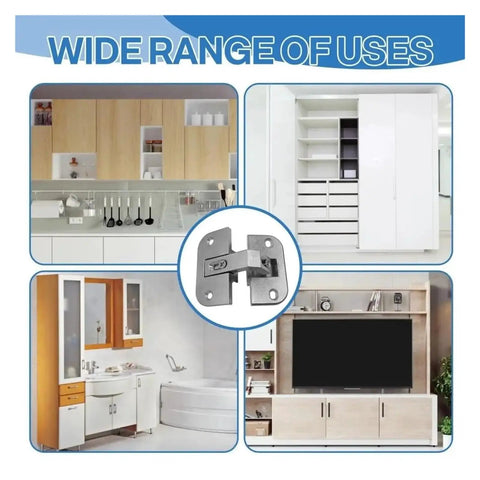 Self Closing Stainless Steel Door Hinge With Reversible Zinc Alloy Pie Cut Corner Concealed Heavy Duty Adjustable Connector shown in kitchen and bath.