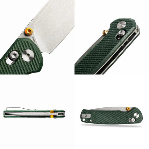 Rockshark EDC Folding Pocket Knife With 3.03 Inch 14C28N Drop Point Blade Green Micarta Handle focus on crossbar lock and thumb stud