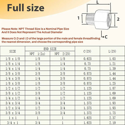 Size chart for One Eighth Inch Male To Three Eighth Inch Female NPT Brass Pipe Fitting Reducer Adapters Water Line Connector.