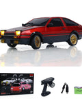 One Eighteen Scale RC Drift Car With Gyro Stabilization in Vintage Red, shown with wireless remote control and accessories.