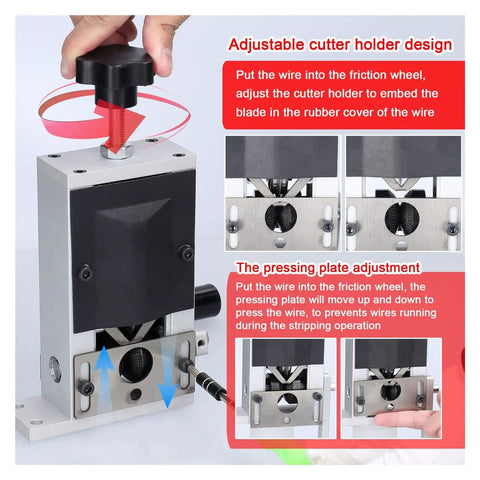 Heavy Duty Manual Wire Stripper Machine With Hand Crank Adapter For Electric Drill with adjustable cutter holder and pressing plate.