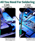 Close-up of C245 and C210 tips from 200W Micro Soldering Kit on PCB, ESD Safe and PID Controlled for Precision Work