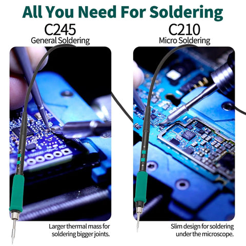 Close-up of C245 and C210 tips from 200W Micro Soldering Kit on PCB, ESD Safe and PID Controlled for Precision Work