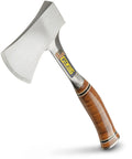 Sportsman's Axe 14 Inch Hatchet For Camping And Outdoors With Forged Steel Construction And Genuine Leather Grip shown at angle.