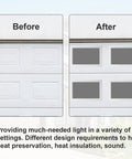 Before and after installation of Four Pack Vinyl Garage Door Window Inserts Kit With UV Resistant Resin Glass For Exterior Doors