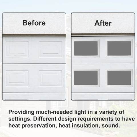Before and after installation of Four Pack Vinyl Garage Door Window Inserts Kit With UV Resistant Resin Glass For Exterior Doors